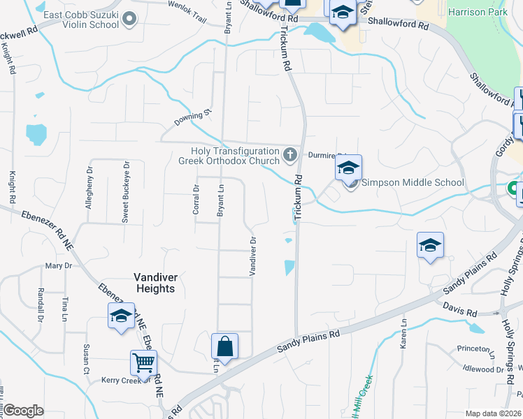 map of restaurants, bars, coffee shops, grocery stores, and more near 2294 Carousel Court in Marietta