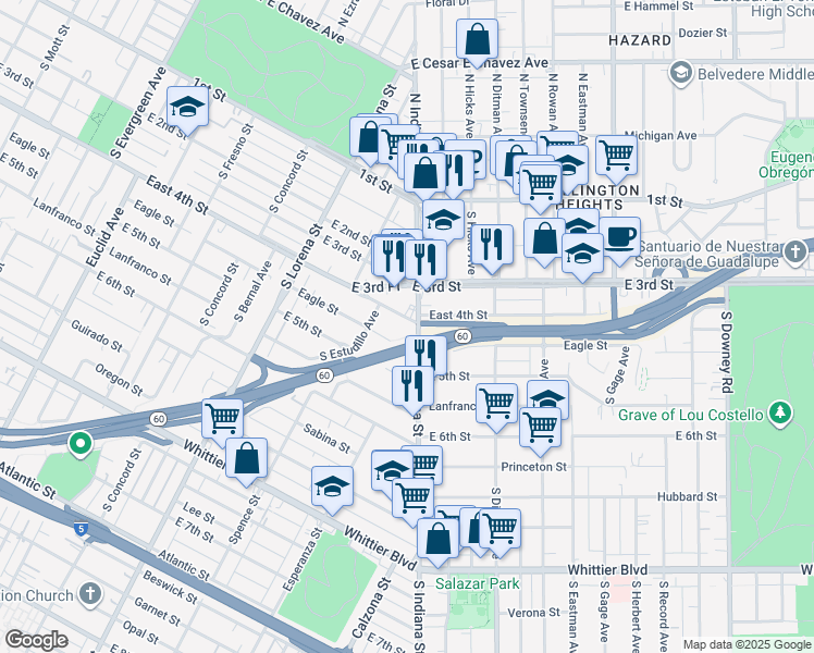 map of restaurants, bars, coffee shops, grocery stores, and more near 3536 East 4th Street in Los Angeles