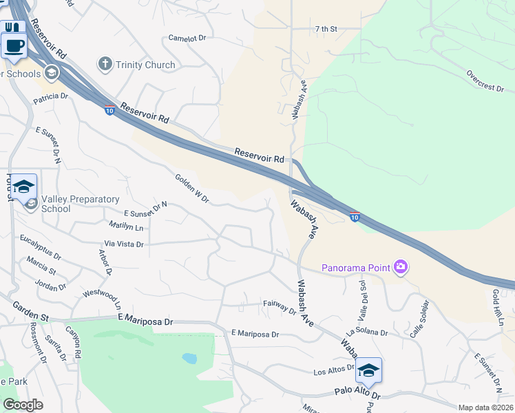 map of restaurants, bars, coffee shops, grocery stores, and more near 649 Golden West Drive in Redlands