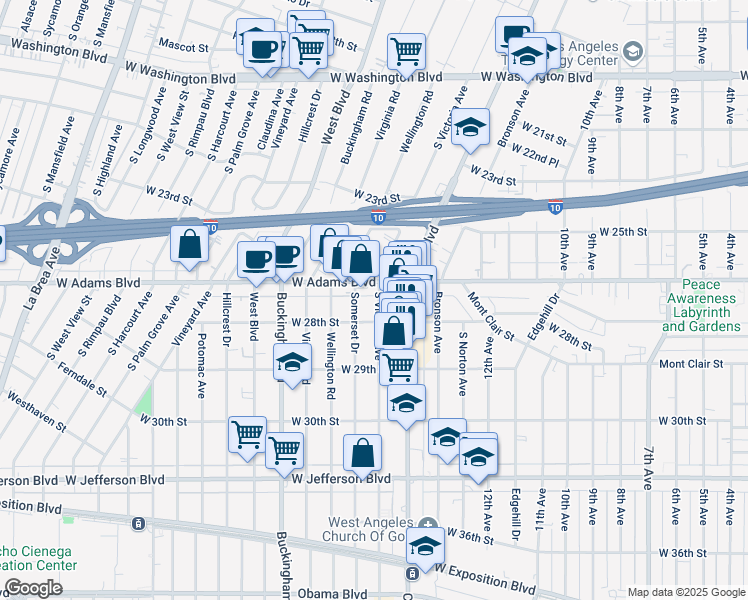 map of restaurants, bars, coffee shops, grocery stores, and more near 2619 South Victoria Avenue in Los Angeles