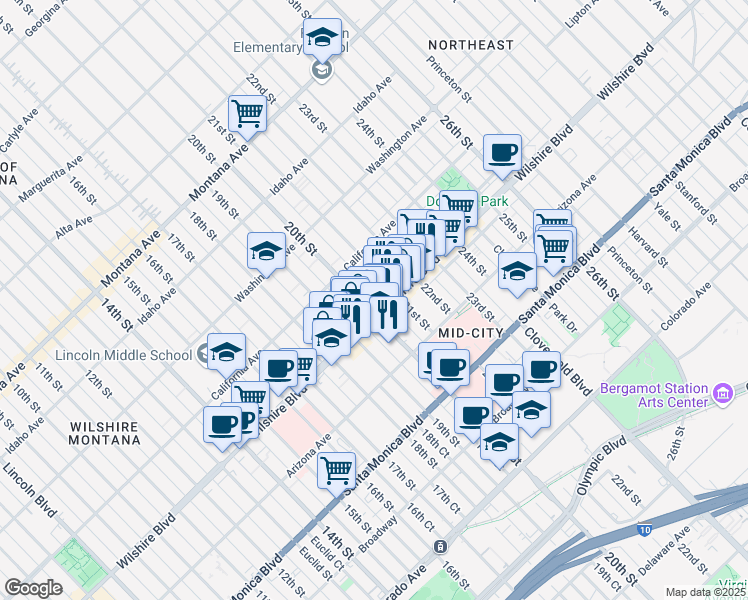 map of restaurants, bars, coffee shops, grocery stores, and more near 2001 Wilshire Boulevard in Santa Monica