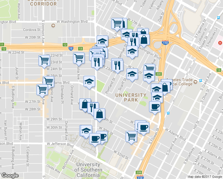map of restaurants, bars, coffee shops, grocery stores, and more near 2370 Portland Street in Los Angeles