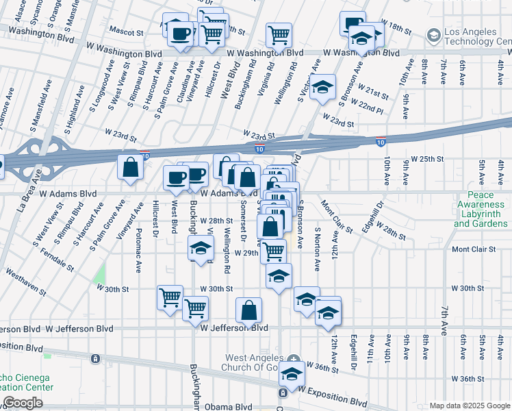 map of restaurants, bars, coffee shops, grocery stores, and more near 2623 South Victoria Avenue in Los Angeles