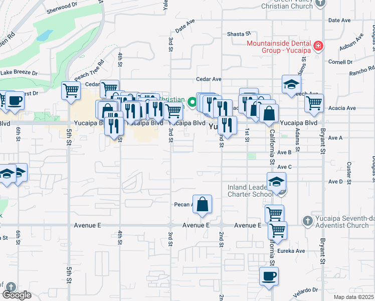 map of restaurants, bars, coffee shops, grocery stores, and more near 33575 #2 Yucaipa Boulevard in Yucaipa
