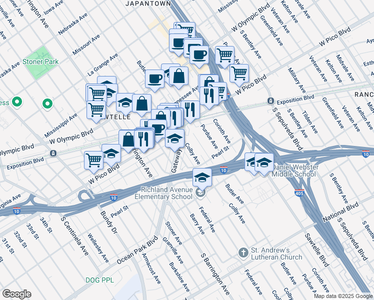 map of restaurants, bars, coffee shops, grocery stores, and more near 2451 Colby Avenue in Los Angeles