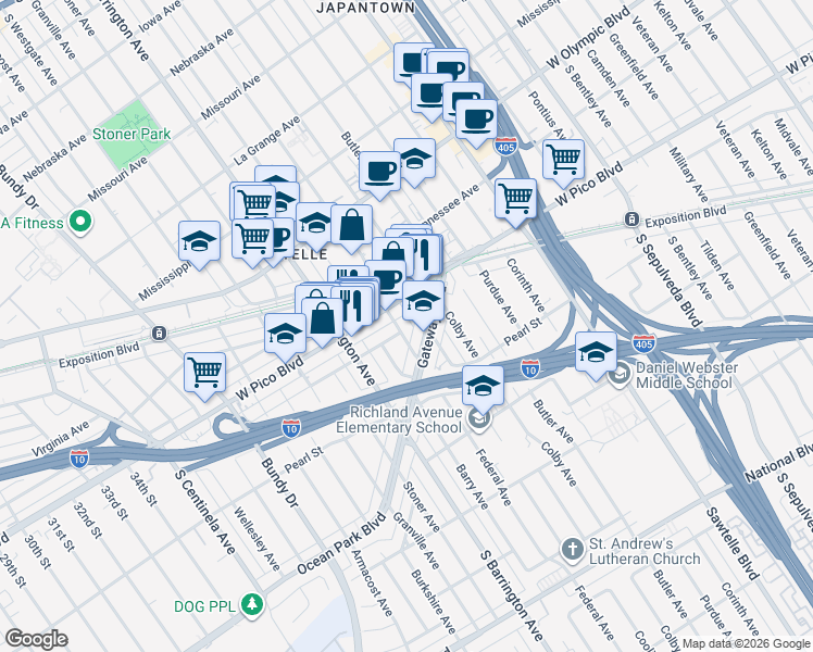 map of restaurants, bars, coffee shops, grocery stores, and more near 2424 Federal Ave in Los Angeles