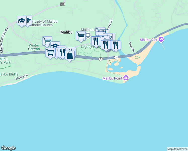 map of restaurants, bars, coffee shops, grocery stores, and more near 23536 Malibu Colony Road in Malibu
