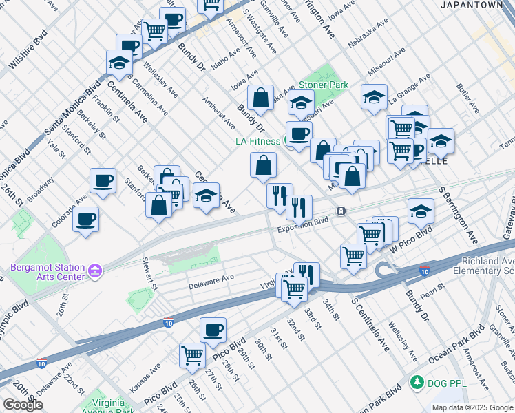 map of restaurants, bars, coffee shops, grocery stores, and more near 12405 West Olympic Boulevard in Los Angeles
