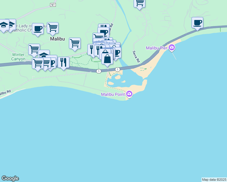 map of restaurants, bars, coffee shops, grocery stores, and more near 23403 Malibu Colony Road in Malibu
