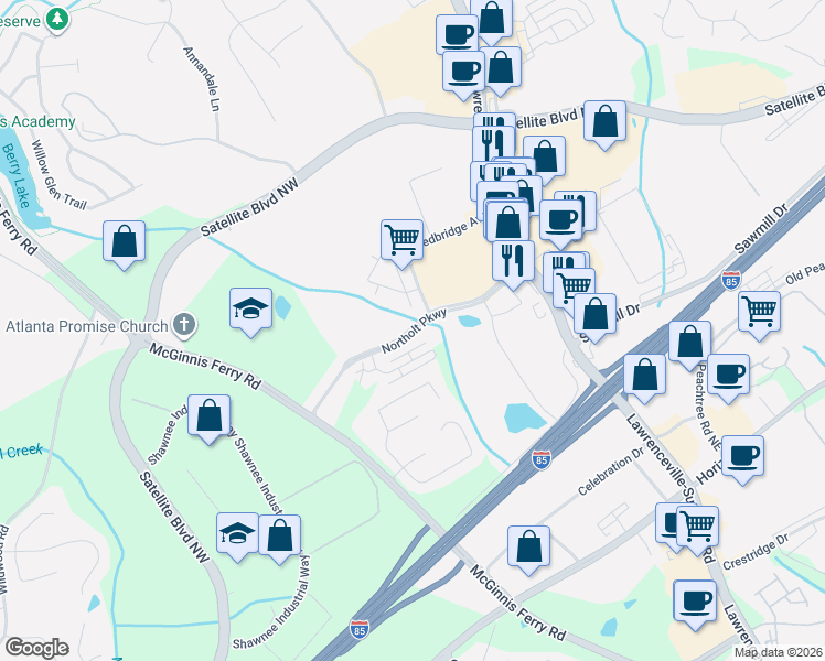 map of restaurants, bars, coffee shops, grocery stores, and more near 3204 Wanstead Park Drive in Suwanee