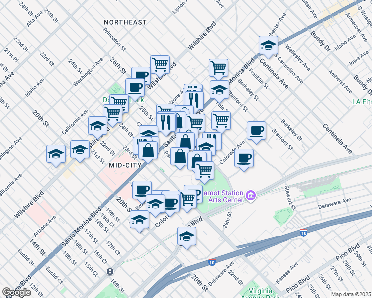 map of restaurants, bars, coffee shops, grocery stores, and more near 1443 25th Street in Santa Monica