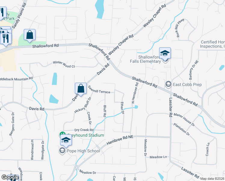 map of restaurants, bars, coffee shops, grocery stores, and more near 3335 Emory Drive in Marietta