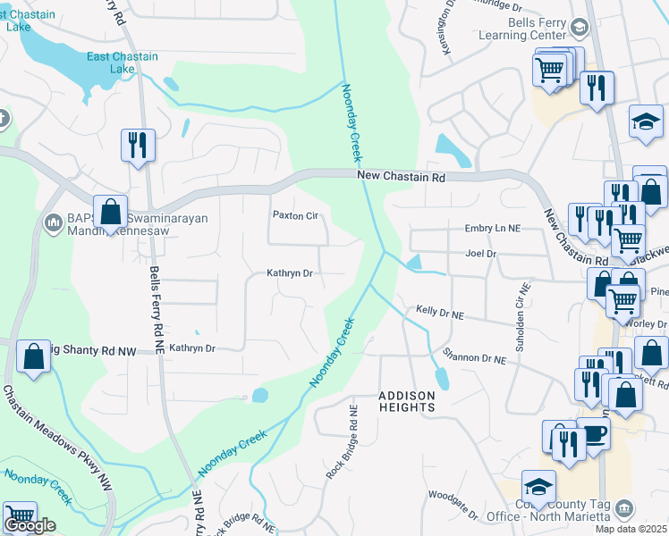 map of restaurants, bars, coffee shops, grocery stores, and more near 195 Kathryn Drive in Marietta
