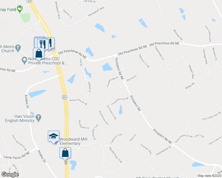 map of restaurants, bars, coffee shops, grocery stores, and more near 2146 Prospect Walk Way Northeast in Lawrenceville