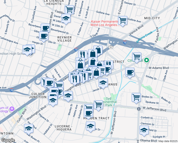 map of restaurants, bars, coffee shops, grocery stores, and more near 3233 Fay Avenue in Los Angeles