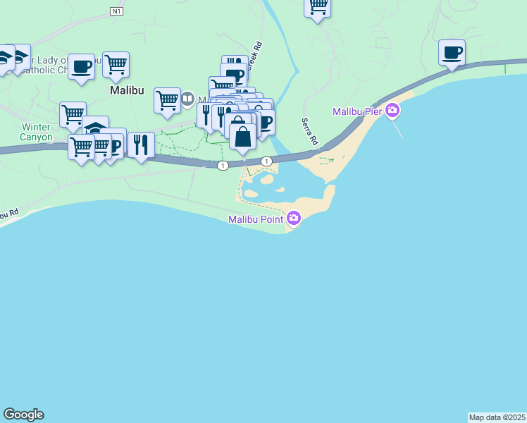 map of restaurants, bars, coffee shops, grocery stores, and more near 23351 Malibu Colony Road in Malibu