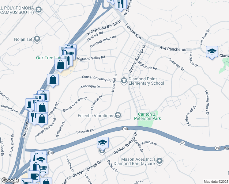 map of restaurants, bars, coffee shops, grocery stores, and more near 610 North Del Sol Lane in Diamond Bar
