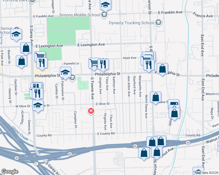 map of restaurants, bars, coffee shops, grocery stores, and more near 2192 Titus Avenue in Pomona