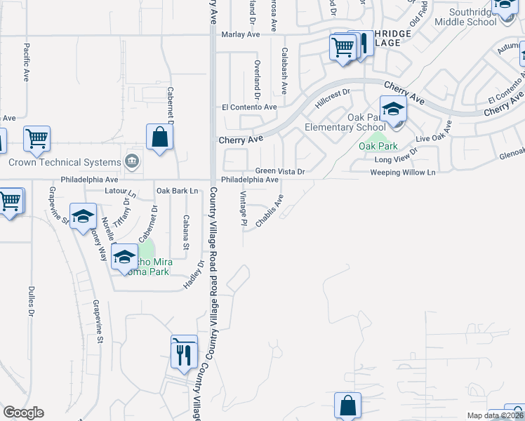 map of restaurants, bars, coffee shops, grocery stores, and more near 10056 Zinfandel Lane in Riverside