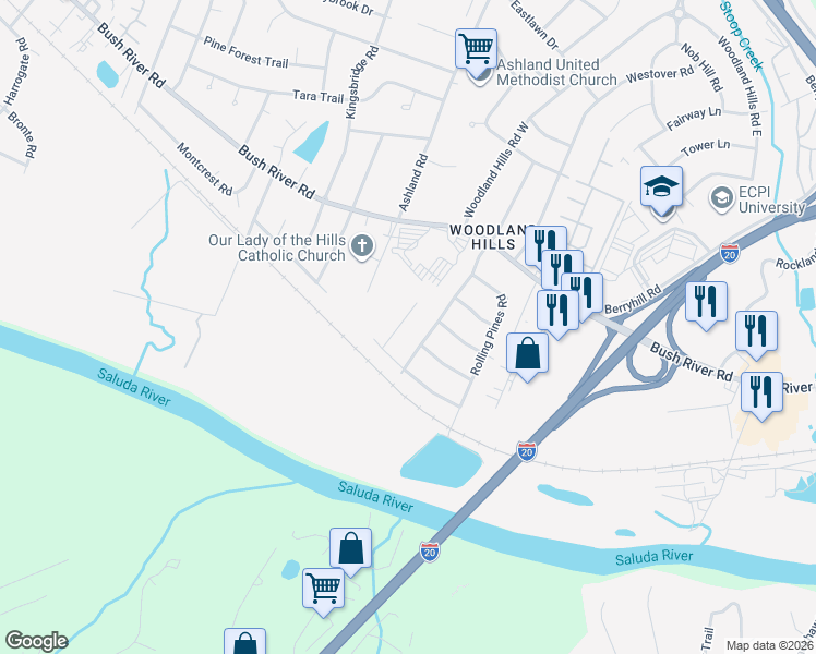 map of restaurants, bars, coffee shops, grocery stores, and more near 318 Hearthstone Road in Columbia
