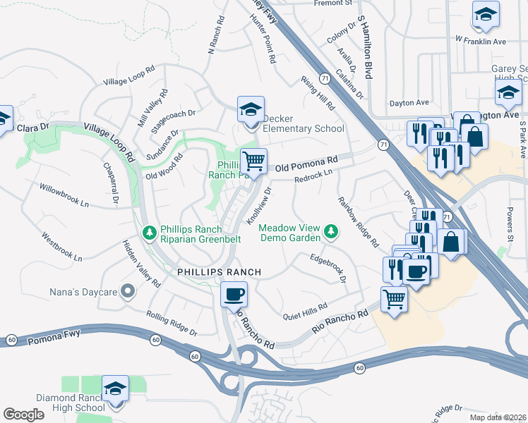 map of restaurants, bars, coffee shops, grocery stores, and more near 14 Knollview Drive in Pomona