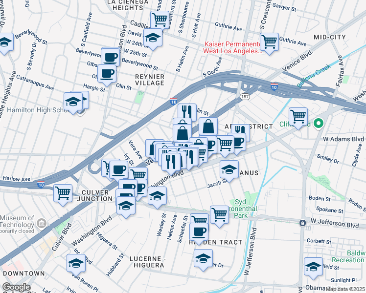 map of restaurants, bars, coffee shops, grocery stores, and more near 3203 South Sherbourne Drive in Los Angeles