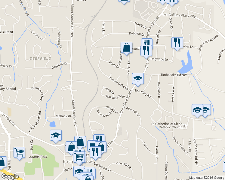map of restaurants, bars, coffee shops, grocery stores, and more near 2024 Jebs Court in Kennesaw