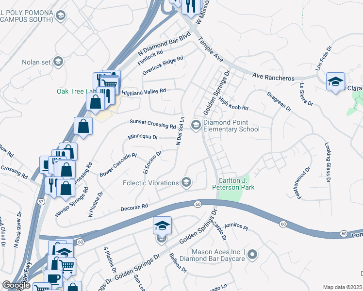 map of restaurants, bars, coffee shops, grocery stores, and more near 610 North Del Sol Lane in Diamond Bar