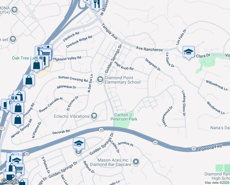 map of restaurants, bars, coffee shops, grocery stores, and more near 500 Golden Springs Drive in Diamond Bar