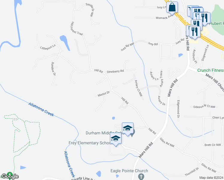 map of restaurants, bars, coffee shops, grocery stores, and more near Hill Road in Acworth