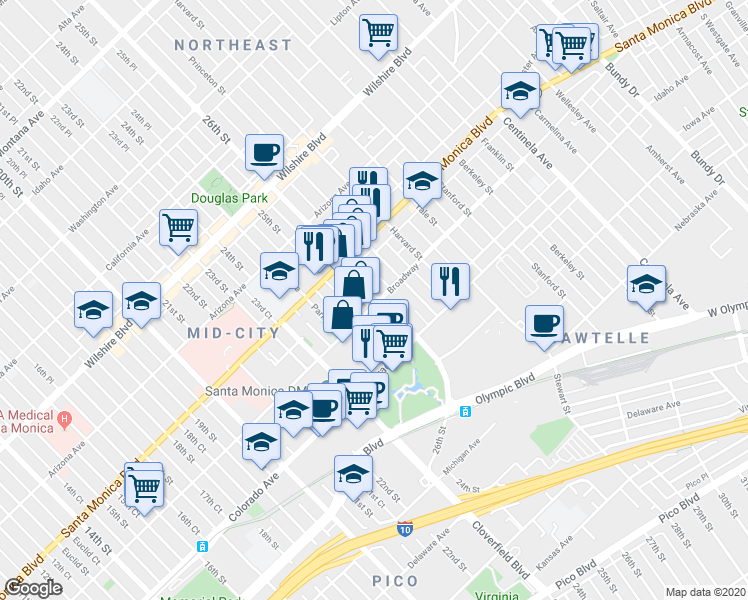 map of restaurants, bars, coffee shops, grocery stores, and more near 1458 26th Street in Santa Monica