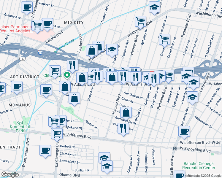 map of restaurants, bars, coffee shops, grocery stores, and more near 2617 Carmona Avenue in Los Angeles