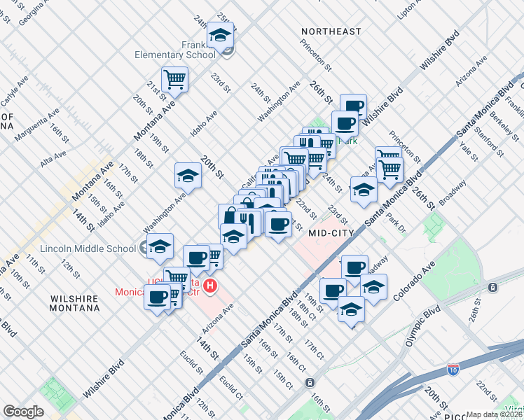 map of restaurants, bars, coffee shops, grocery stores, and more near 2001 Wilshire Boulevard in Santa Monica