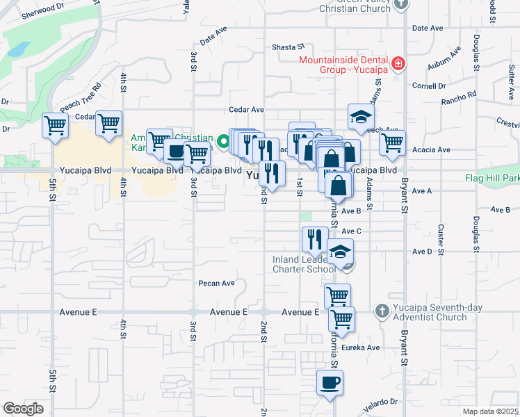 map of restaurants, bars, coffee shops, grocery stores, and more near 12198 2nd Street in Yucaipa