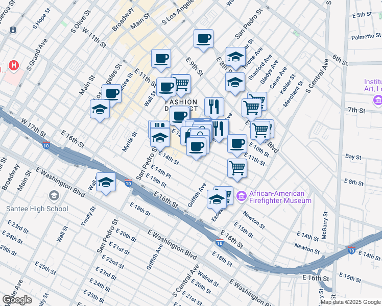 map of restaurants, bars, coffee shops, grocery stores, and more near 786 East 12th Street in Los Angeles