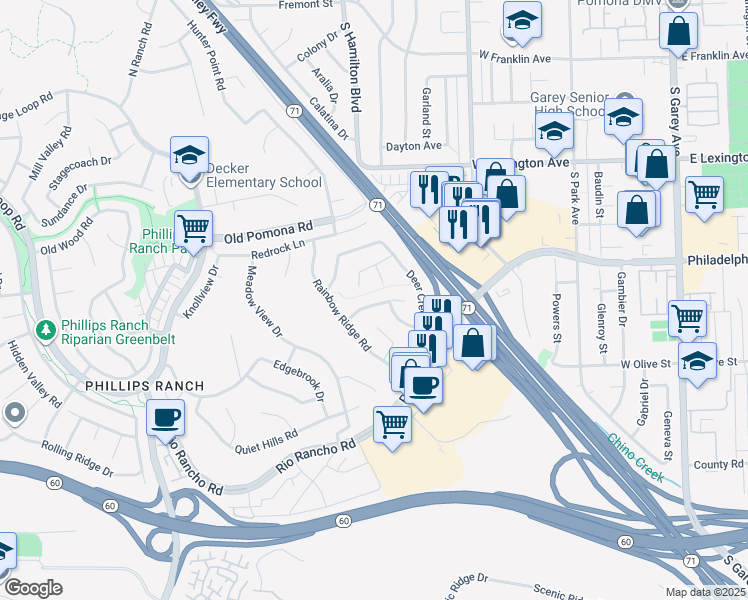 map of restaurants, bars, coffee shops, grocery stores, and more near 19 Skyline Lane in Pomona