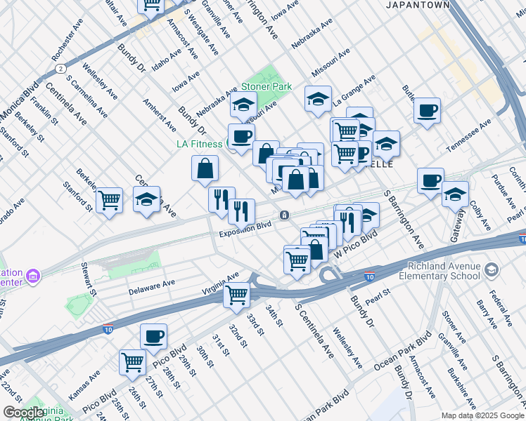 map of restaurants, bars, coffee shops, grocery stores, and more near 2121 Bundy Drive in Los Angeles