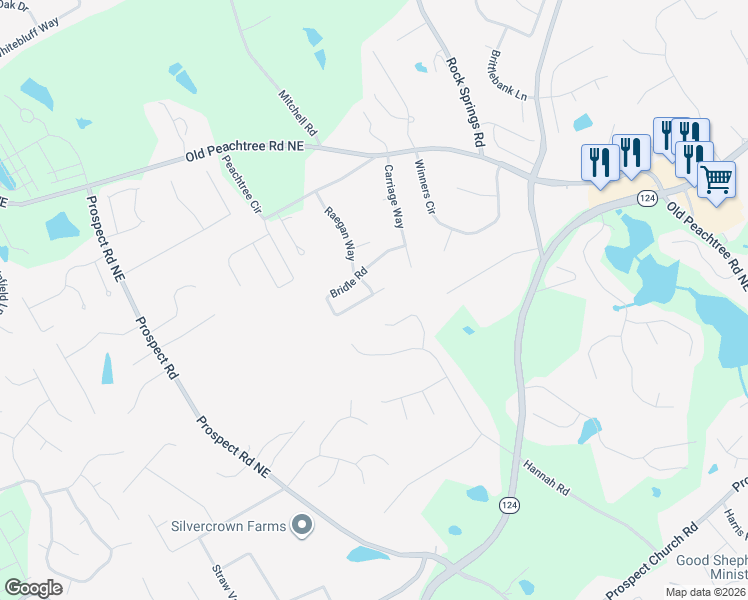 map of restaurants, bars, coffee shops, grocery stores, and more near 1698 Bridle Road in Lawrenceville
