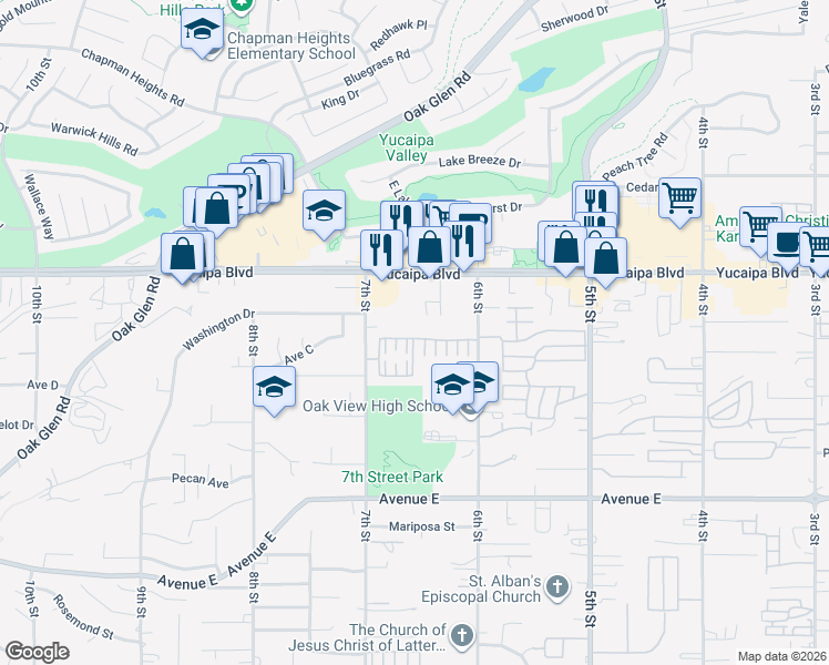 map of restaurants, bars, coffee shops, grocery stores, and more near 33992 Lily Rd in Yucaipa