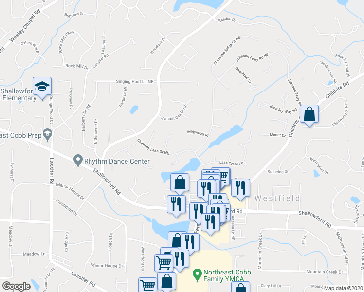 map of restaurants, bars, coffee shops, grocery stores, and more near 4281 Chimney Lake Drive Northeast in Roswell