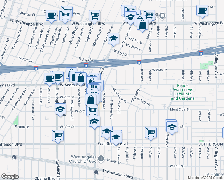 map of restaurants, bars, coffee shops, grocery stores, and more near 4225 Mont Clair Street in Los Angeles
