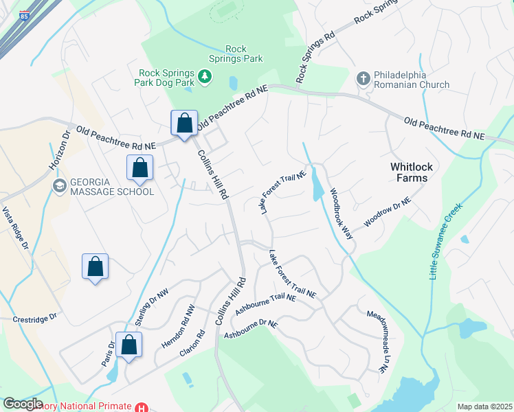 map of restaurants, bars, coffee shops, grocery stores, and more near 2678 Lake Forest Trail Northeast in Lawrenceville
