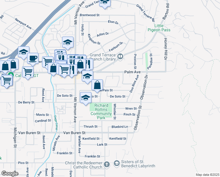 map of restaurants, bars, coffee shops, grocery stores, and more near 22710 La Paix Street in Grand Terrace