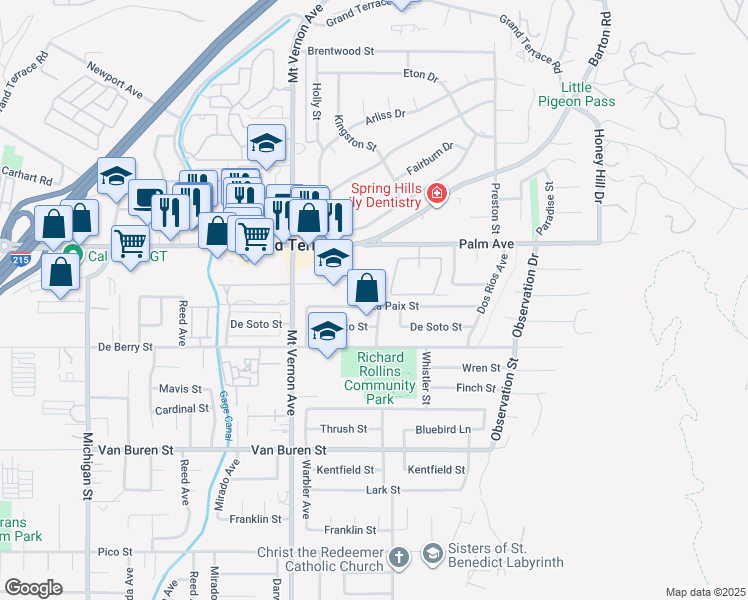 map of restaurants, bars, coffee shops, grocery stores, and more near 22658 La Paix Street in Grand Terrace