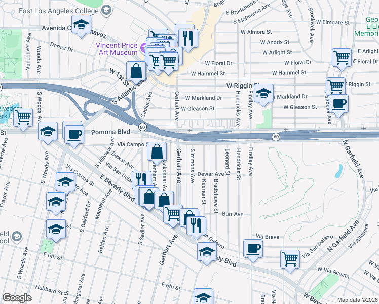 map of restaurants, bars, coffee shops, grocery stores, and more near 219 Simmons Avenue in Montebello