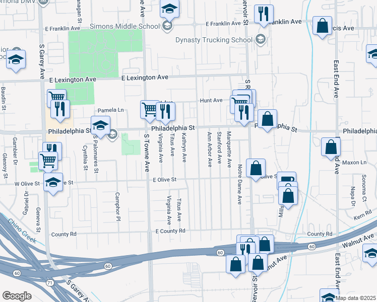map of restaurants, bars, coffee shops, grocery stores, and more near 2192 Kathryn Avenue in Pomona