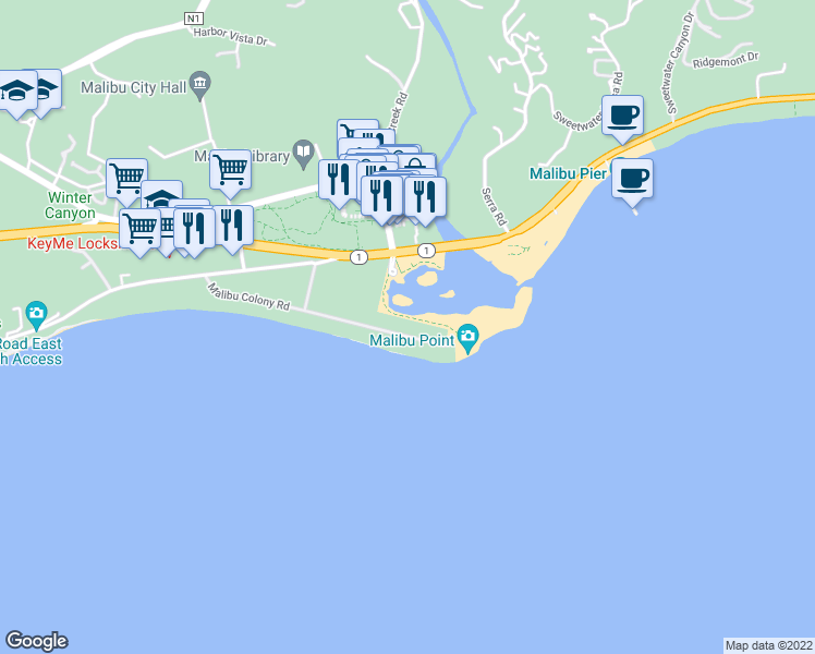 map of restaurants, bars, coffee shops, grocery stores, and more near 23403 Malibu Colony Road in Malibu