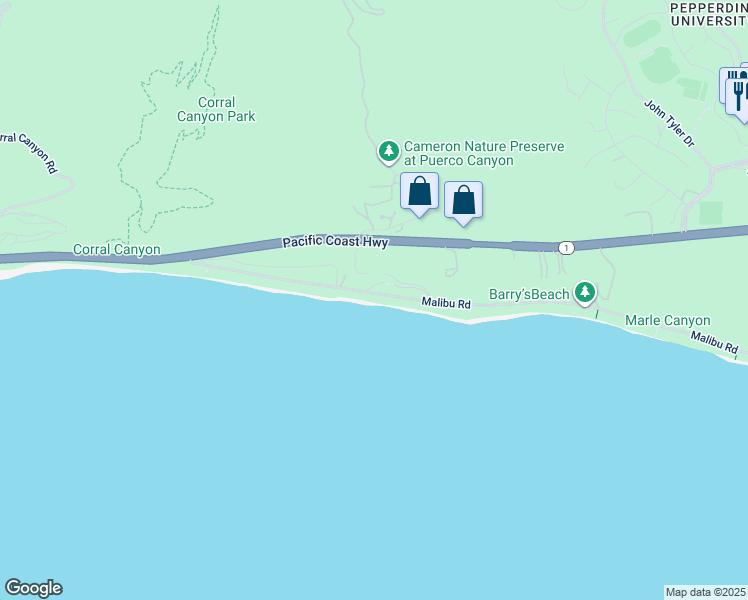 map of restaurants, bars, coffee shops, grocery stores, and more near 25164 Malibu Road in Malibu