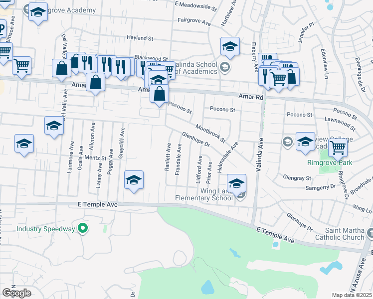 map of restaurants, bars, coffee shops, grocery stores, and more near 725 Ruthcrest Avenue in La Puente