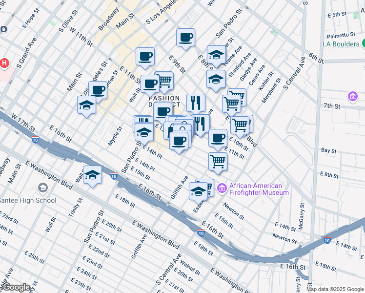 map of restaurants, bars, coffee shops, grocery stores, and more near 786 East 12th Street in Los Angeles
